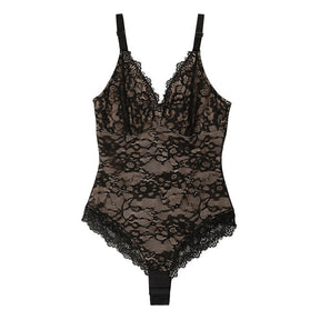 Lace trimmed V-neck body shaping suit